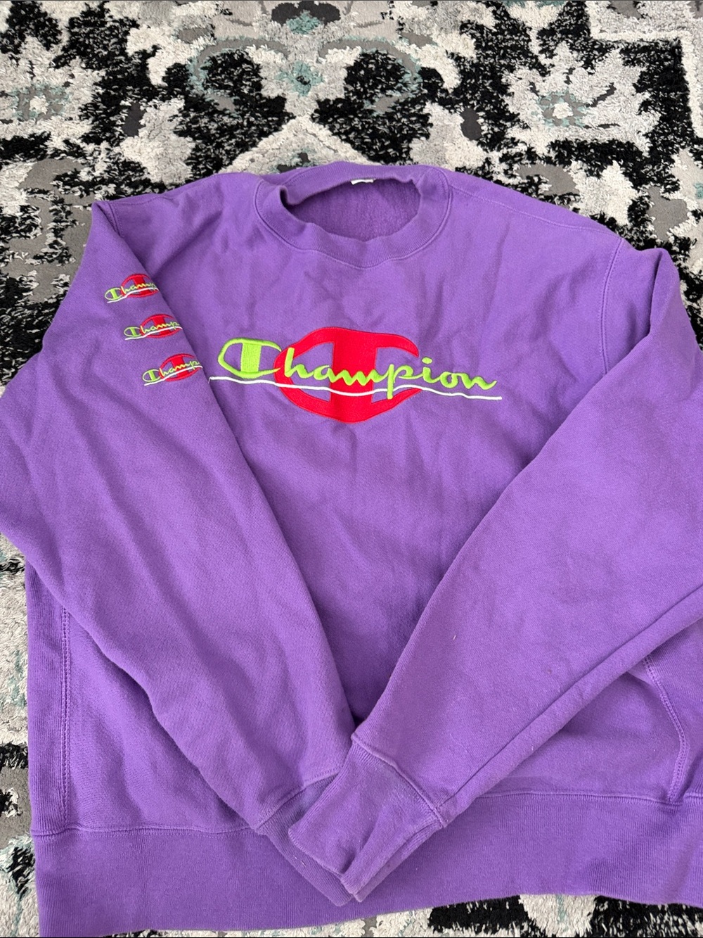 Champion Purple Crewneck with Red & Neon Green Logo